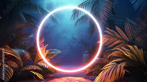 Glowing neon circle in tropical jungle at night
