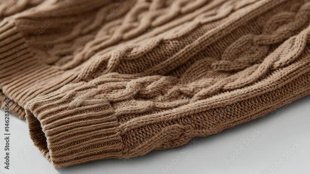 Detailed view of a beige cable knit sweater, showing the texture and intricate patterns of the knitted fabric. Detailed view of a beige cable knit sweater, showing the texture and intricate patterns of the knitted fabric.