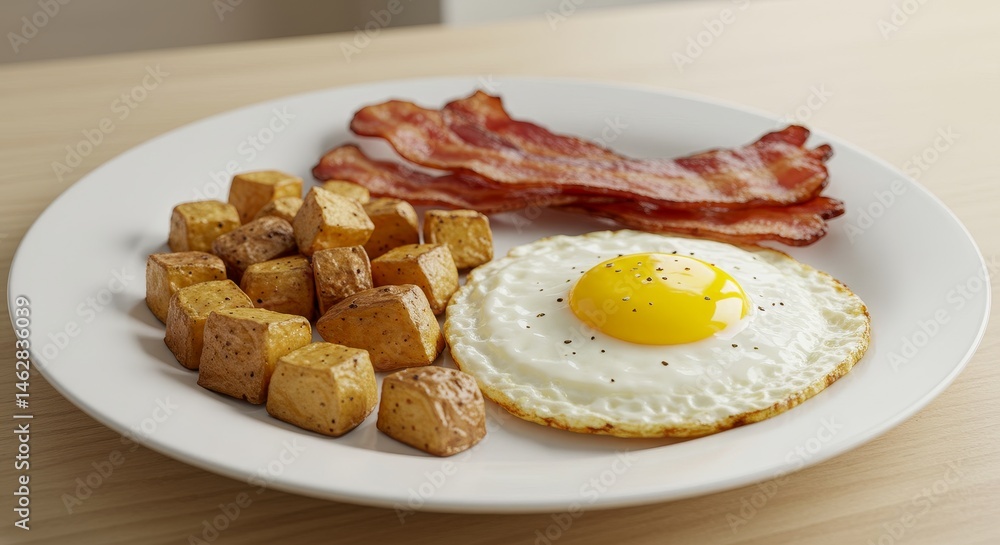 Hearty Breakfast Plate: Fried Egg, Crispy Bacon, and Roasted Potatoes - A delicious and satisfying breakfast featuring a fried egg, crispy bacon Hearty Breakfast Plate: Fried Egg, Crispy Bacon, and Roasted Potatoes - A delicious and satisfying breakfast featuring a fried egg, crispy bacon