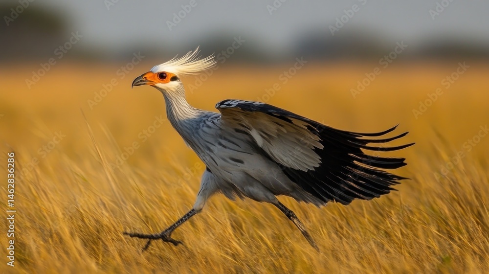 Obraz premium Secretarybird running in golden field at dawn