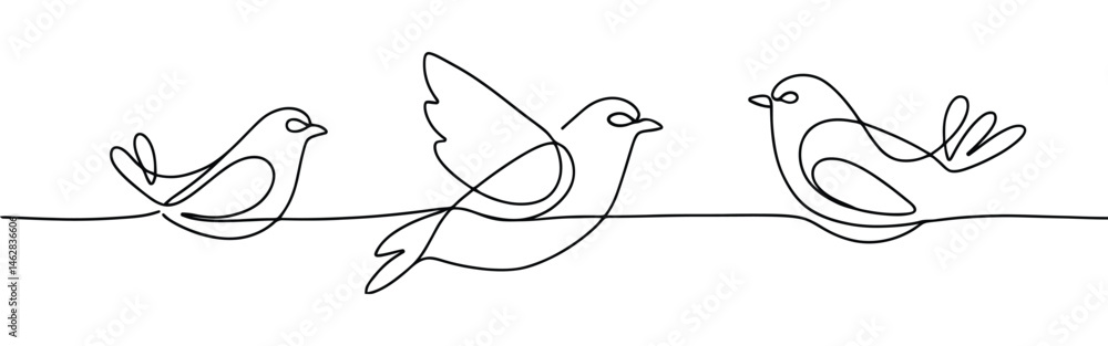 Fototapeta premium Birds on branches continuous one line drawing. Bird symbol.