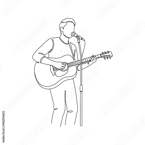 Person sing a song with acoustic jazz guitar continuous one lint drawing.
