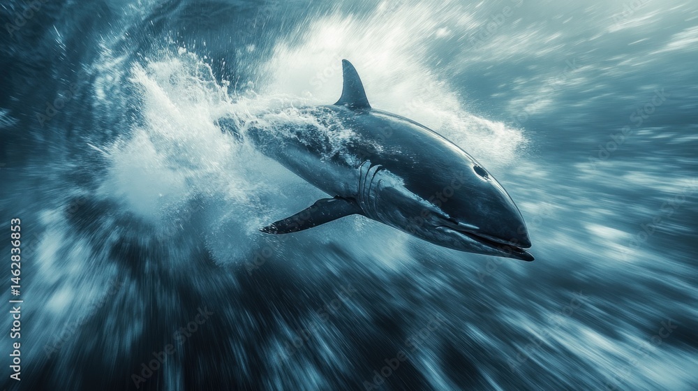 Fototapeta premium Shark leaping ocean wave, dynamic action, marine wildlife