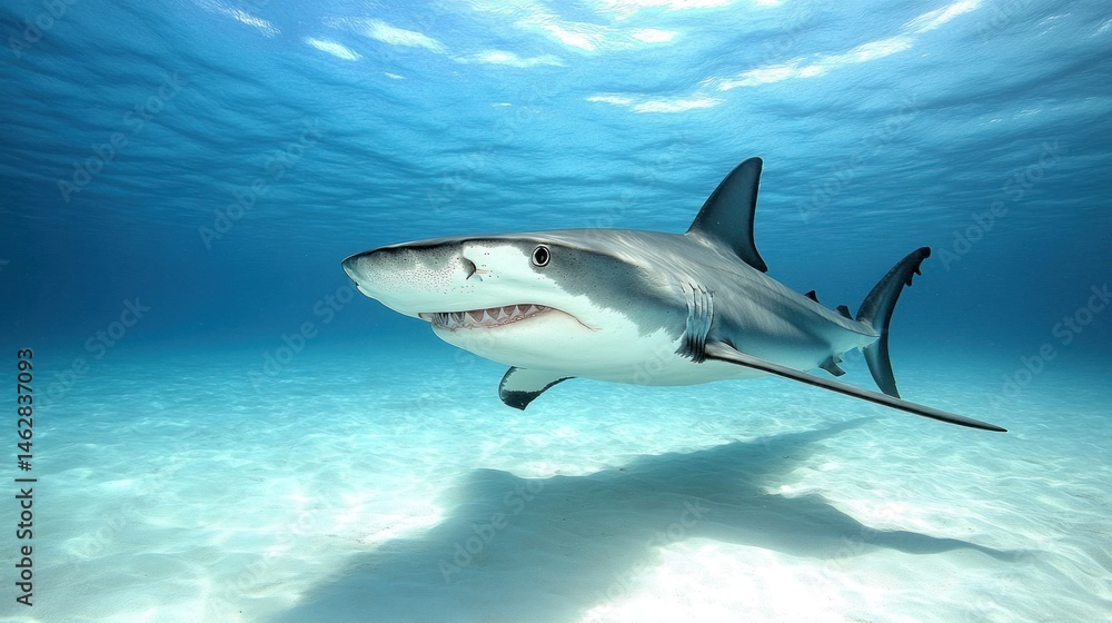 Fototapeta premium Shark swimming in shallow turquoise water, sandy bottom. Underwater wildlife photo for ocean documentaries
