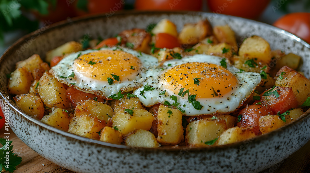 Huevos Rotos, Broken Eggs with Potatoes with fried potatoes and two sunny-side-up eggs, served in a rustic bowl with a sprinkle of salt Huevos Rotos, Broken Eggs with Potatoes with fried potatoes and two sunny-side-up eggs, served in a rustic bowl with a sprinkle of salt