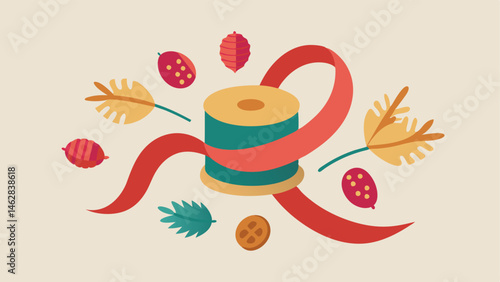 Holiday Ribbon Spool A closeup of a decorative spool of holiday ribbon unraveling with an elegant swirl surrounded by tered ornaments and pinecones.