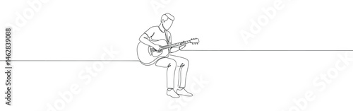 Person playing acoustic jazz guitar continuous one lint drawing.