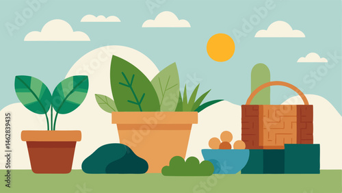 Garden of Sustainable Goods An outdoor garden scene showing potted plants made from recycled materials natural fiber baskets and decorative stones promoting an ecofriendly