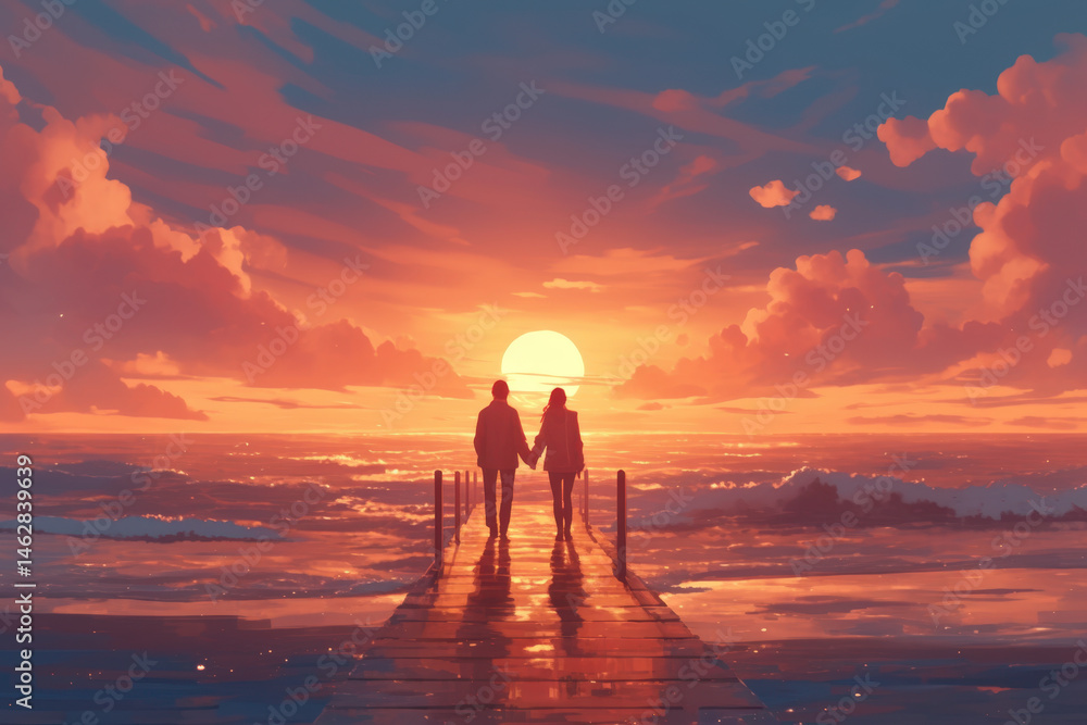 Fototapeta premium Couple walk on pier at sunset.