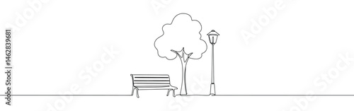 Bench in park near tree and lantern continuous one line drawing.