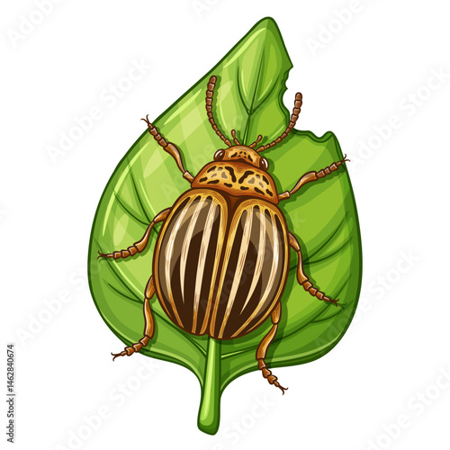 Colorado potato beetle, garden pest insect control, striped yellow Leptinotarsa decemlineata harmful bug eating leaf plant. Flying agriculture parasite animal damage farm vegetable. Hand drawn vector