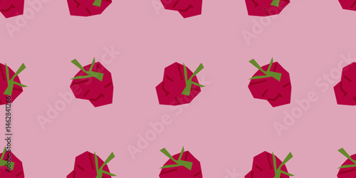 Seamless flat raspberry fruit pattern showing bright red raspberries with green leaves on a soft pink background. Bold, playful, and colorful cartoon-style composition.