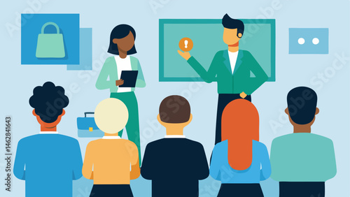 Skill Development Workshops A group of diverse employees attending a workshop with a speaker presenting on a padlocked board labeled Career Skills.