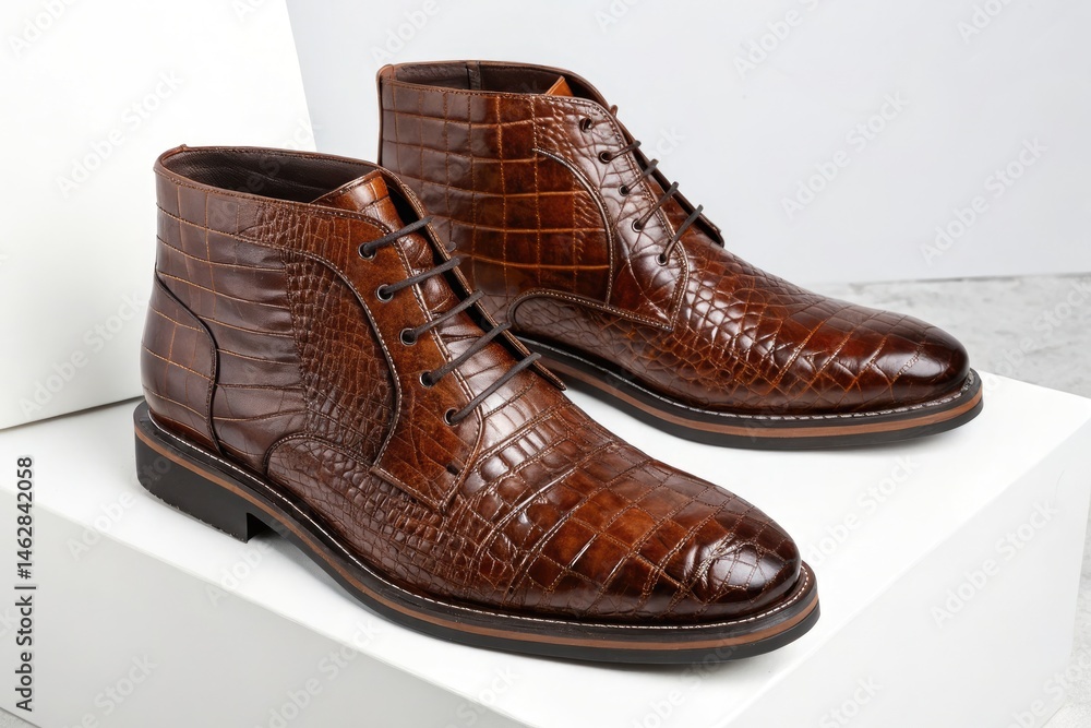 Stylish Brown Alligator Skin Boots on a White Background Generative AI Stylish Brown Alligator Skin Boots on a White Background Generative AI