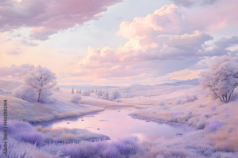 Tranquil Pastel Landscape: A Serene Escape Between Earth and Sky Tranquil Pastel Landscape: A Serene Escape Between Earth and Sky