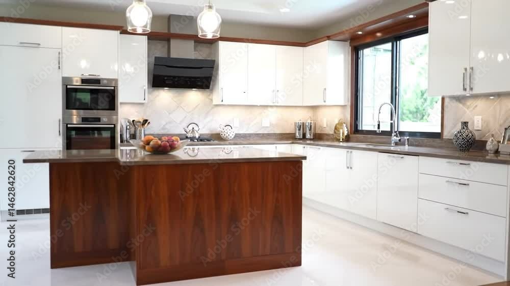 Bright kitchen with white cabinets, dark countertop and wooden island side Bright kitchen with white cabinets, dark countertop and wooden island side