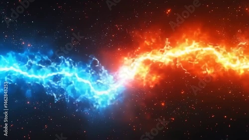Dramatic collision of two lightning bolts, energy and confrontation