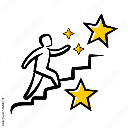 Climbing Stairs to Stars Icon – Growth and Success Journey: Icon of a figure climbing stairs toward stars, representing growth, the journey to success, and reaching ambitious goals.