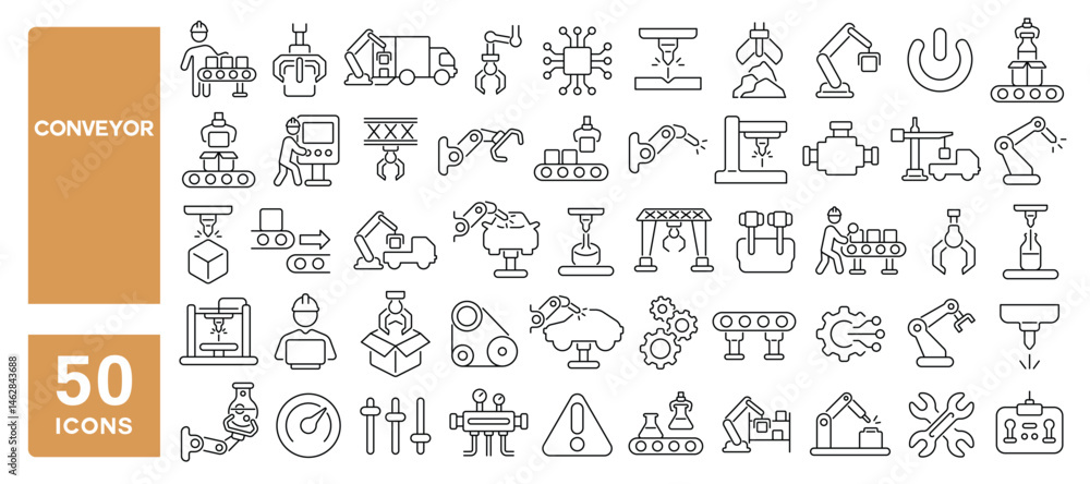 Set of 50 line icons related to conveyor, machinery, mass production, manufacture, automated, production, conveyance, Editable stroke. Vector illustration