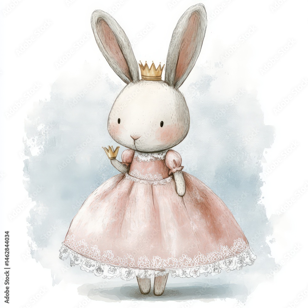 Obraz premium This delightful artwork features a plush bunny dressed in a pastel pink gown adorned with silver lace