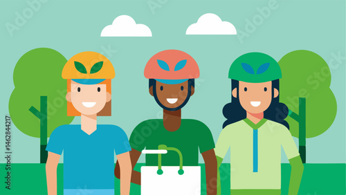 Group of Cyclists A diverse group of three cyclists riding together each adorned with colorful helmets and holding ecofriendly shopping bags with catchy Green Friday slogans. The
