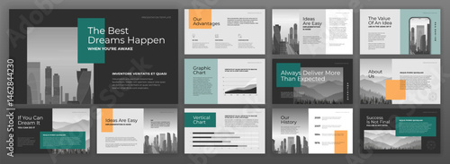 Minimalistic Powerpoint presentation template set. Modern Keynote presentation background, brochure cover design, brand guidelines, proposal presentation, annual report, company profile, pitch deck.