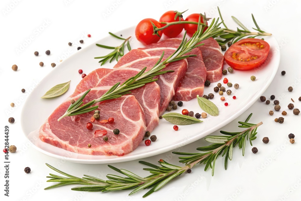 Fresh Raw Meat Slices Garnished With Rosemary and Tomatoes Generative AI Fresh Raw Meat Slices Garnished With Rosemary and Tomatoes Generative AI