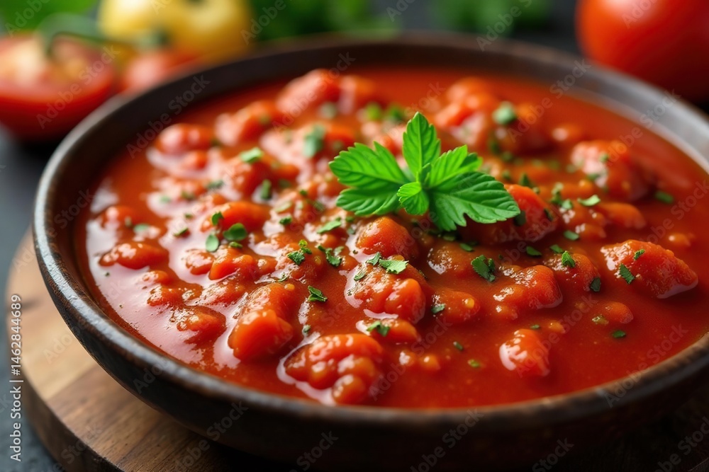 Thick tomato sauce with herbs, ready to serve, vibrant, vegetable sauce Thick tomato sauce with herbs, ready to serve, vibrant, vegetable sauce
