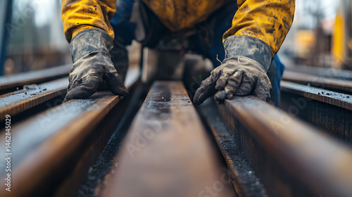 Worker Inspecting Railway Tracks