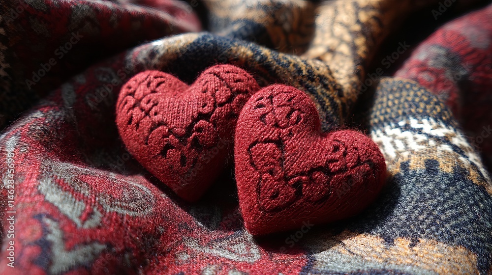 Fototapeta premium Cozy Knitted Hearts on Warm Winter Plaid Blanket Red Romantic Love Valentine Decorative Handmade Soft Yarn Home Craft Fabric Cuddly Woolen 