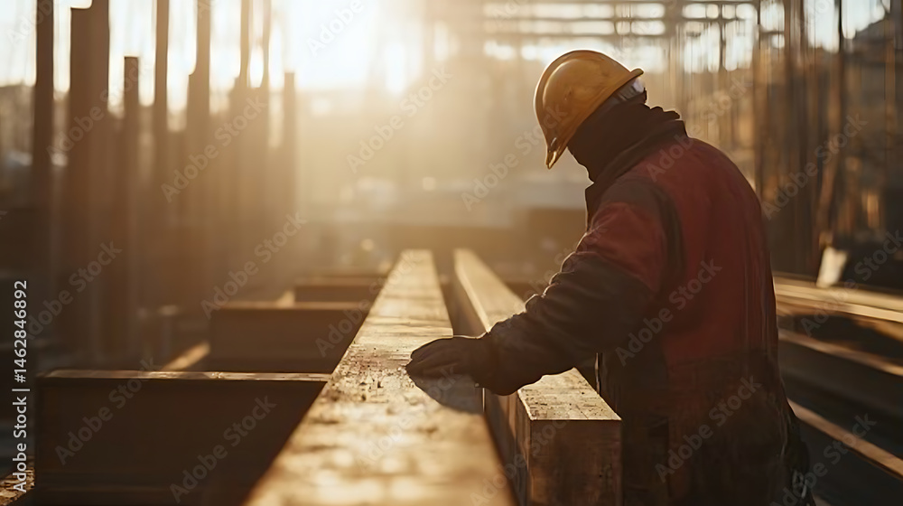 Fototapeta premium Construction Worker Inspecting Steel Beams at Sunset