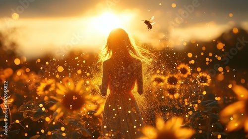 Wallpaper Mural Woman in sunflower field at sunset, magical dust Torontodigital.ca