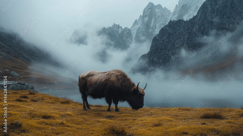 custom made wallpaper toronto digitalYak grazing, foggy mountain pasture, autumn