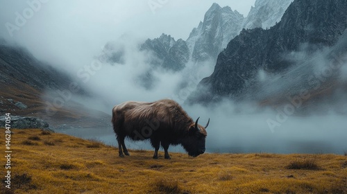 Wallpaper Mural Yak grazing, foggy mountain pasture, autumn Torontodigital.ca