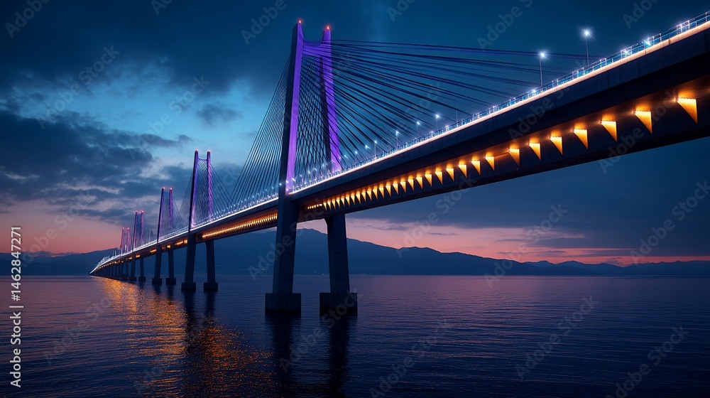 Fototapeta premium Illuminated cable-stayed bridge stretching across water during twilight hour