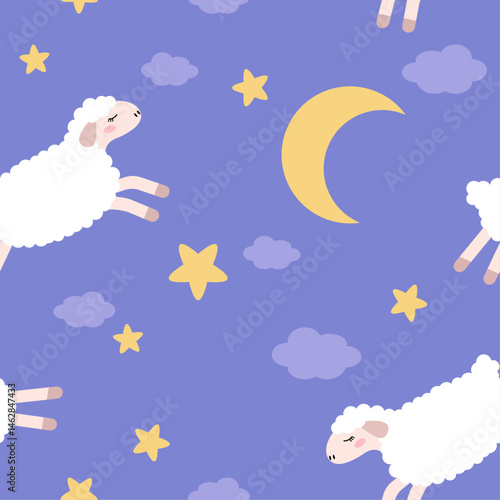 Seamless pattern with ship. Cute sheep jumping over the moon and stars. Elements for your design, pattern. Good night children's vector illustration.
