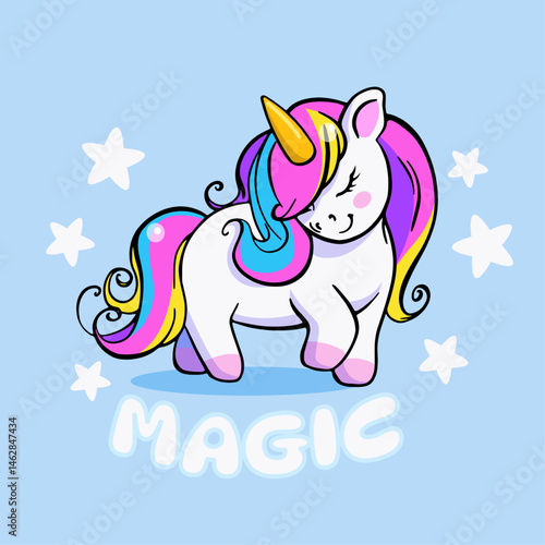 Unicorn print with the text: Magic, and stars, isolated. Children's colorful print, poster, elememt for design of clothing, textiles, rooms.
