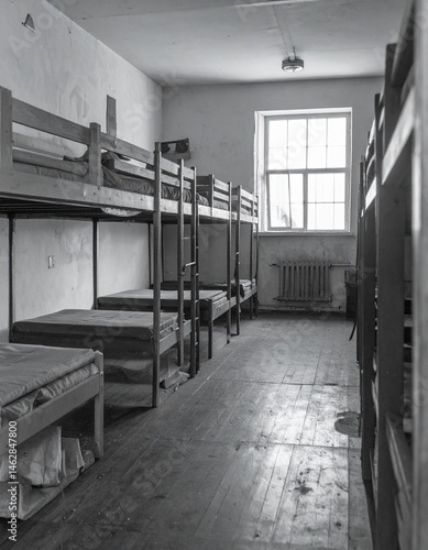 1930s, interiors of a military barrack, bunk beds, bw photo AI generated