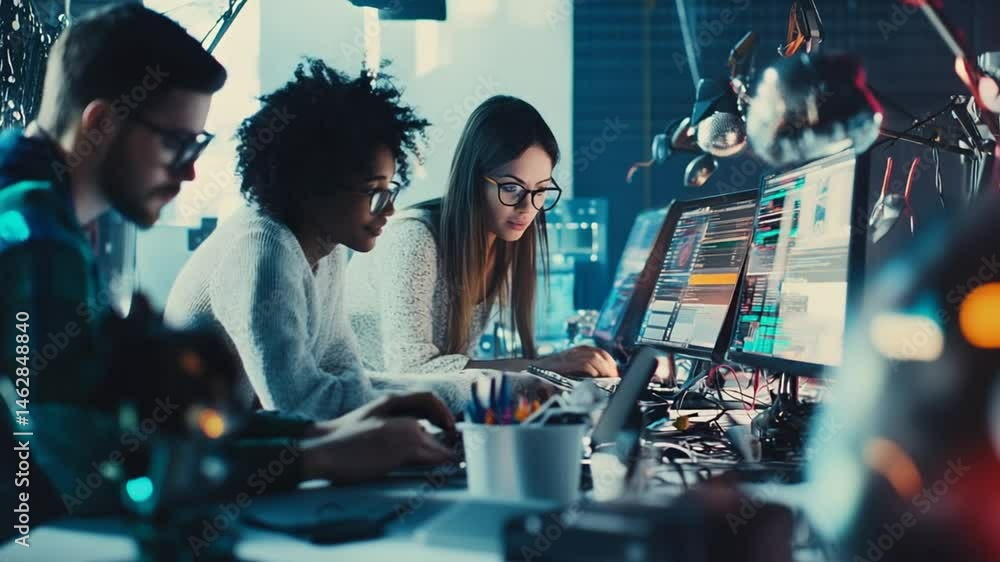 Diverse team collaborating on software development in a modern office environment