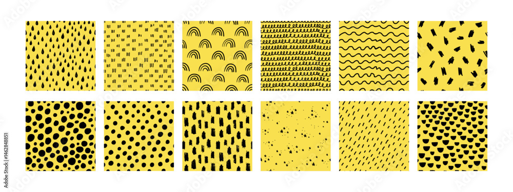 This small dash seamless pattern collection features hand-drawn textures on a yellow background. Includes abstract dots, dashes, lines, rainbows. It is ideal for fabric, wrapping paper, digital design