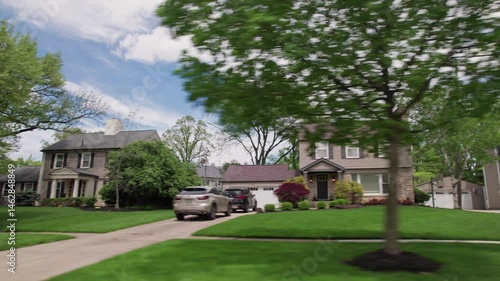 Driving past suburban upper class and scale homes, houses, and mansions on American rich neighborhood suburb with green lawns, expensive residents, and upper-class living style in Columbus, Ohio road