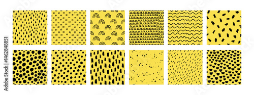 Obraz na płótnie This small dash seamless pattern collection features hand-drawn textures on a yellow background. Includes abstract dots, dashes, lines, rainbows. It is ideal for fabric, wrapping paper, digital design w salonie