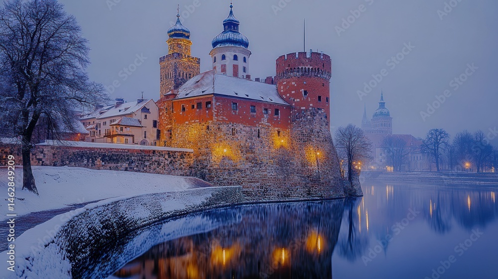 Obraz premium Winter wonderland castle by a frozen lake. Snowy landscape with ancient stone towers and reflections