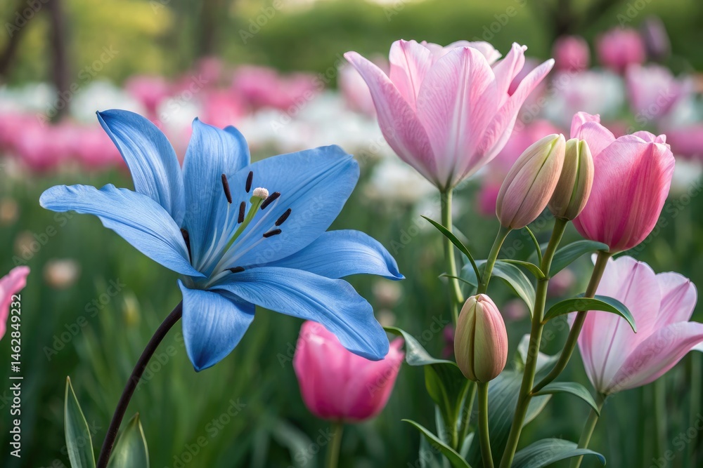 Fototapeta premium Vibrant Blue Lilies and Pink Tulips Blooming in a Garden Generative AI