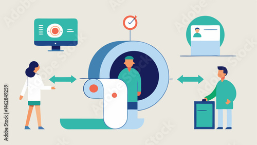 MRI Scan Process A stepbystep illustration showcasing the MRI scanning process from patient preparation to entering the machine and receiving results with numbered stages.