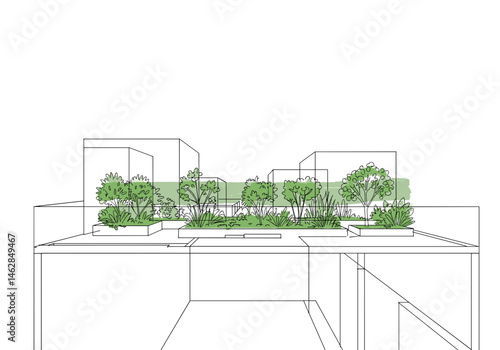 Green rooftop garden in modern eco urban architecture – minimal linear sketch with trees and plants