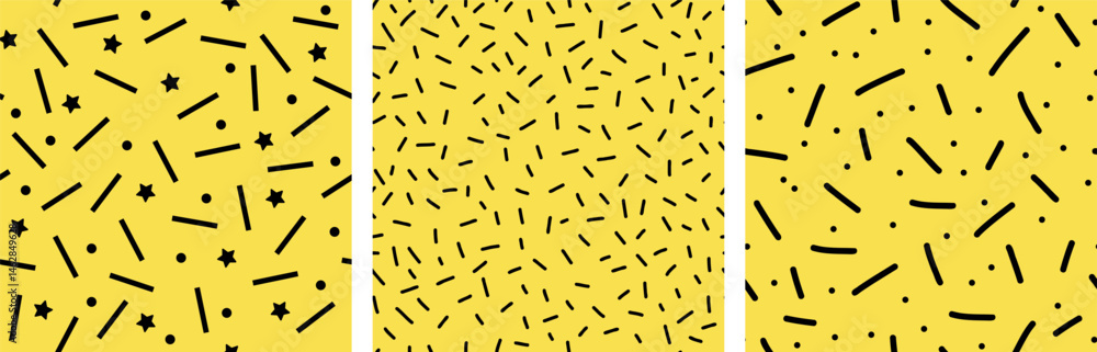 Seamless pattern set. Three trendy abstract backgrounds with dots, lines, and stars on a yellow backdrop. Playful and modern design for fabrics, wallpapers, wrapping paper, and digital projects.