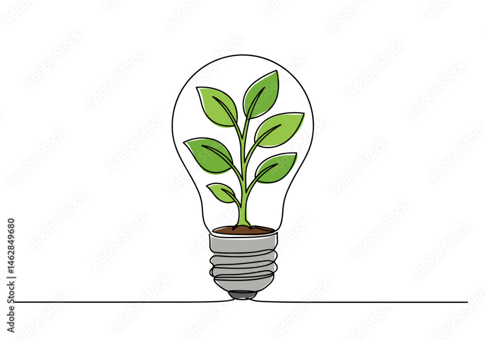 Continuous one-line vector illustration of a light bulb with a green plant growing inside, symbolizing eco innovation, green energy, and sustainable ideas Continuous one-line vector illustration of a light bulb with a green plant growing inside, symbolizing eco innovation, green energy, and sustainable ideas