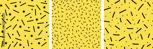 Obraz na płótnie Seamless pattern set. Three trendy abstract backgrounds with dots, lines, and stars on a yellow backdrop. Playful and modern design for fabrics, wallpapers, wrapping paper, and digital projects. w salonie