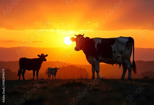 Wallpaper Mural Cow milking scene against sunset background, farm and animals silhouettes in soft light Torontodigital.ca